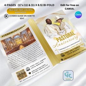 4 Pages White & Gold Pastoral Anniversary Program Template- Editable Church Program (11 x 8.5 and 5.5x 8.5) in Bi-Fold Canva Templates.
