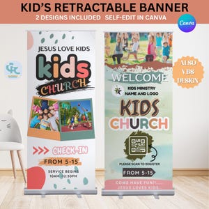 Bearbeitbares versenkbares Banner für den Kinderdienst, Popup-Banner für Kinder, VBS-Bannerregistrierung, Kinder-Rollup-Vinyl-Banner Canva.