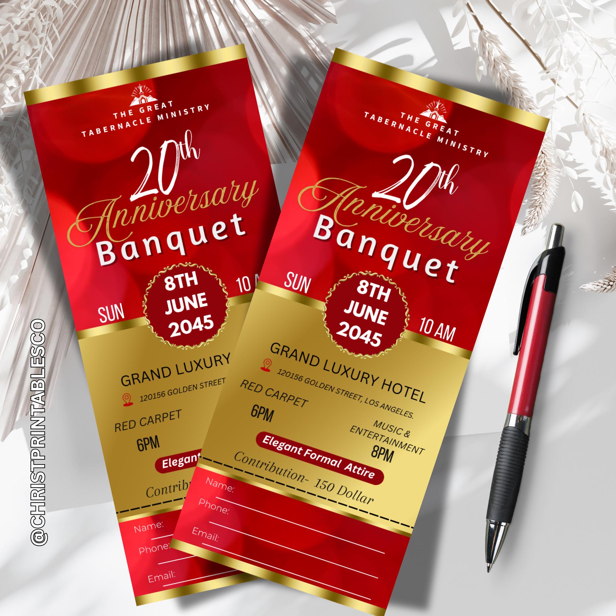 Editable Anniversary Luxury Banquet Ticket Template for Canva, Red ...