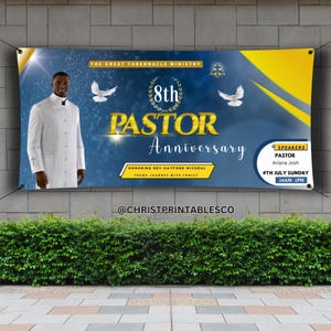 Blue and Gold  Pastor Anniversary Banner For Wall, Editable Church Hanging Banner, Vinyl Horizontal Fence Banner, Church Banner Canva.