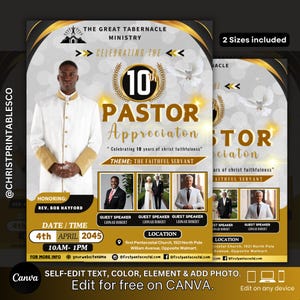 May include: A flyer announcing a 10th Pastor Appreciation event. The flyer features a black and gold colour scheme with a white background. The text reads "Celebrating the 10th Pastor Appreciation" and "The Faithful Servant". The flyer also includes a date and time for the event, as well as the location.