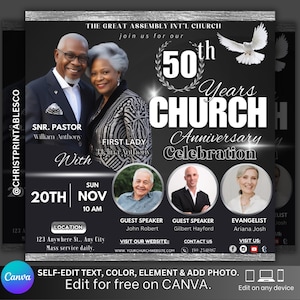 Editable Church Anniversary Flyer, Black & Silver Church Anniversary Flyer, Invitation for Church Anniversary, Church Canva Template Flyer.
