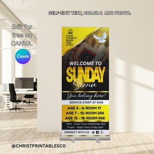 Church Retractable Banner Template, Editable Rollup Banner Template, Sunday Service, Sunday Worship, Vinyl Banner, Church Post Sign Canva.