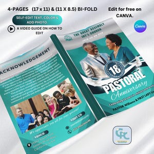 Teal & Silver Pastoral Anniversary Program Template | (17x11 and 11x8.5) Bi-fold Canva Design | Editable Church Program Template.