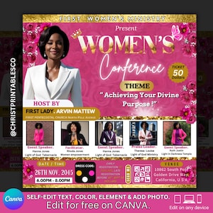 Floral Elegant Pink Gold Women&#39;s Conference Flyer, Editable Flyer For Women Conference, Women empowerment, Flyer With Speakers, Canva Flyer.