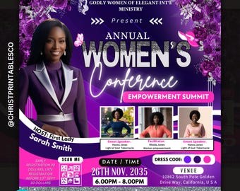 Floral Elegant Purple pink Women's Conference Flyer, Editable Flyer For Women Conference, Women empowerment, Guest Speakers Canva Flyer.
