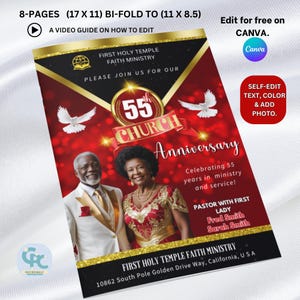 8 Pages Red & Gold Church Anniversary Program Template Editable Church Brochure (17 x 11) Fold to (11 x 8.5) Church Bulletin Design Canva.