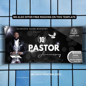 Editable Pastor Anniversary Banner For Wall, Black and Silver Church Hanging Banner, Vinyl Horizontal Fence Banner, Church Banner Canva.