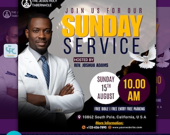 Sunday Service Invitation Template- Sunday Church Worship, Editable Social Media Poster, Christian Event, Prophetic Sunday, Ministry Canva.