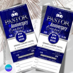 Bearbeitbare Pastor Jubiläum Luxus Bankett Ticket Vorlage für Canva, Blau Silber Bankett Karte, Pastor Fundraiser Event Bankett, 3 x 7 Inch.
