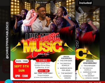 Live Music Concert Flyer, Night of Worship Flyer, Editable Gospel Music Concert, Worship Event, Church Concert, Music Band Invitation Canva.