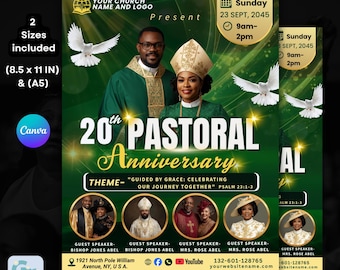 Green & Gold Pastoral Anniversary Flyer- Editable Flyer For Pastor Appreciation, Invitation For Church Anniversary, Canva Template Design.