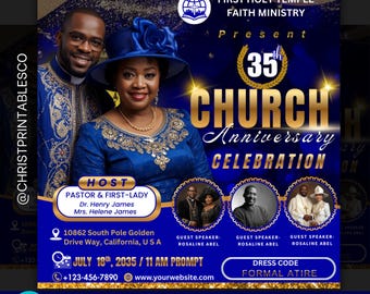 Editable Church Anniversary Flyer, Blue & Gold Church Anniversary Flyer, Invitation for Church Anniversary, Church Template Canva Flyer.