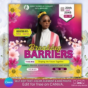 Peut inclure: Affiche promotionnelle avec une femme portant des lunettes de soleil et un haut rayé rose et blanc. Le titre est "Breaking Barriers" avec le thème "Façonner l'avenir ensemble". L'affiche comprend les détails de l'événement et le logo Canva.