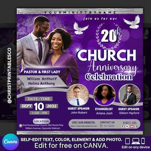 May include: Purple and white flyer announcing a 20th Church Anniversary Celebration. The flyer features a photo of a couple, the date and time of the event, and the names of the guest speakers. The text reads "Join us for our 20th Church Anniversary Celebration".