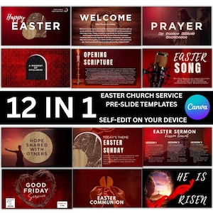 May include: A set of 12 Easter church service pre-slide templates. The templates include text such as "Happy Easter", "Welcome", "Prayer", and "Easter Song". The templates are self-editable on your device.