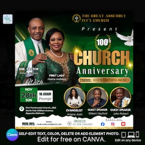 May include: A flyer for the 100th Church Anniversary, featuring the Senior Pastor and First Lady. The design is green and gold, with the event date of November 28th. The theme is "God's Faithfulness."