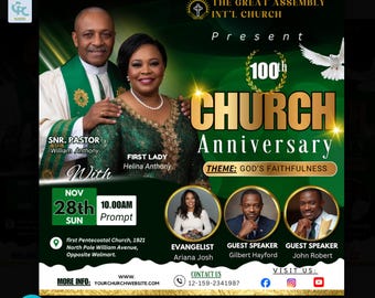 Editable Church Anniversary Flyer Template – Green Gold Pastoral Invitation (Canva)