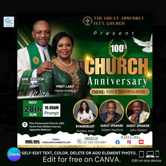 Church Anniversary Flyer Template- Editable Green & Gold Pastoral Anniversary Flyer Invitation for Church Event, Religious Canva Flyer.