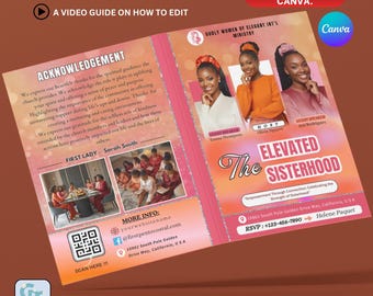 Può includere: Un modello di programma di 4 pagine per un evento di ministero femminile intitolato The Elevated Sisterhood. Il design presenta foto di tre donne, una sezione di ringraziamenti, un codice QR e dettagli di contatto per un layout di 43 x 28 cm.