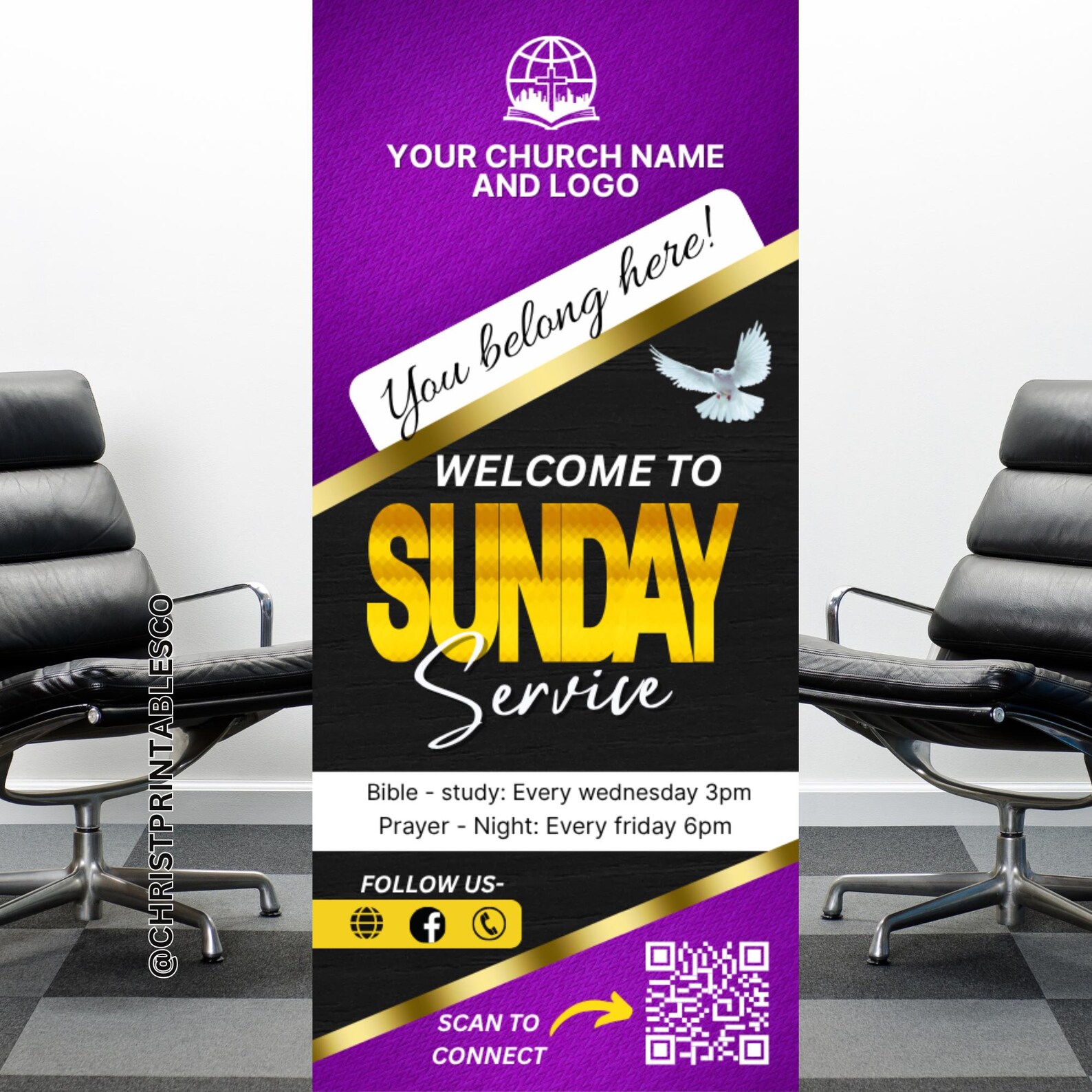 Sunday Service Sign Church Retractable Banner Template, Editable Rollup Banner Template ...