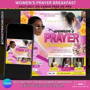 Elegante vrouwengebed ontbijt foldersjabloon, bewerkbare uitnodiging voor vrouwen ontbijt, kerkgebed ontbijt, damesbrunch folder.