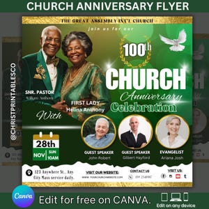 Flyer d'anniversaire d'église modifiable Flyer d'anniversaire d'église vert et or Faire-part pour anniversaire d'église Modèle de prospectus sur toile.