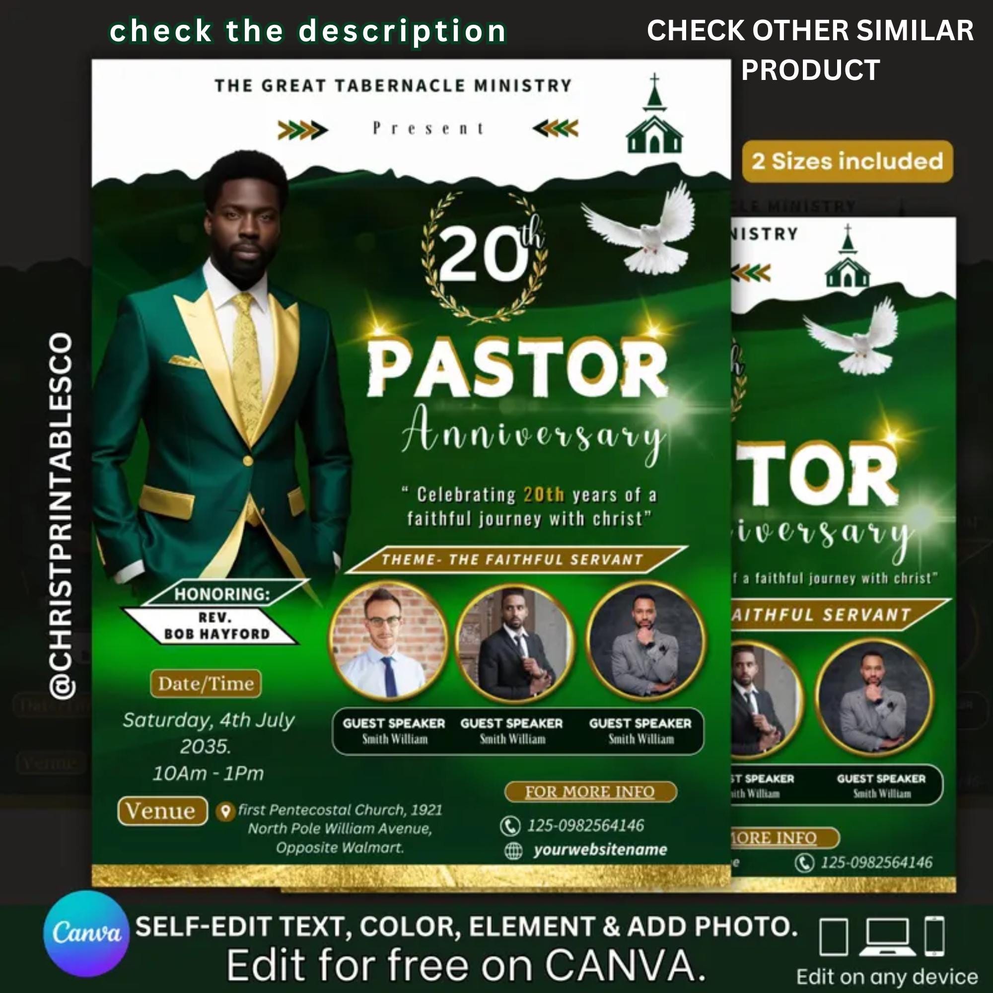 Green & Gold Pastor Anniversary Welcome Sign, Editable Church Sign ...
