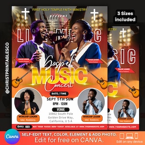 Gospel Music Concert Flyer, Live Music Flyer, Night of Worship Flyer, Editable Gospel Music Concert, Worship Event, Music Band Flyer Canva.