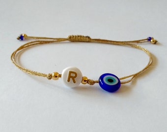 Personalized Initial beaded bracelet Custom Evil eye bracelet Adjustable gold string bracelet Letter bracelet Couple bracelet Name bracelet