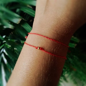 Può includere: Due braccialetti di corda rossa con un piccolo perno dorato su uno dei braccialetti.