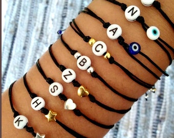 Personalized Initial Bracelet: Adjustable Black String, Custom Letter Charm