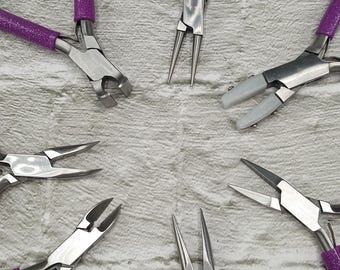 Juego de 7 alicates para herramientas de joyería, alicates para trabajos con alambre, juego de alicates para hacer joyas, alicates de agarre morado