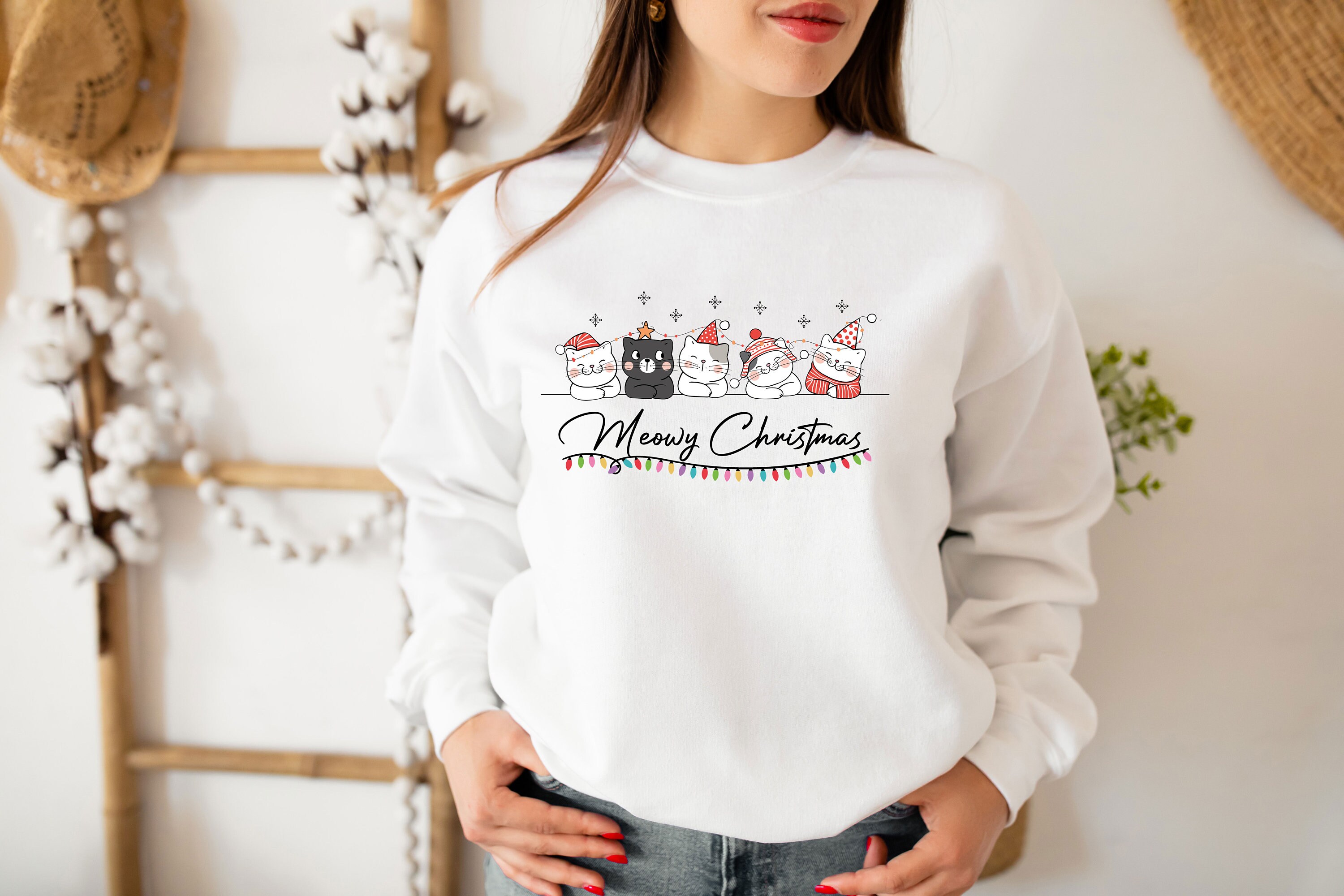 Discover Meowy Christmas Sweatshirt,Happy Cat Year Shirt,Funny Christmas Cat Shirt,Cat Christmas Sweatshirt,Cats Sweatshirt,Cat Lover Christmas Shirt