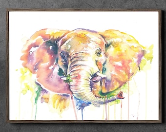 Elephant Watercolor Painting Print of my Original Artwork, bright and expressive colors, wall art decor cute Elephant  poster