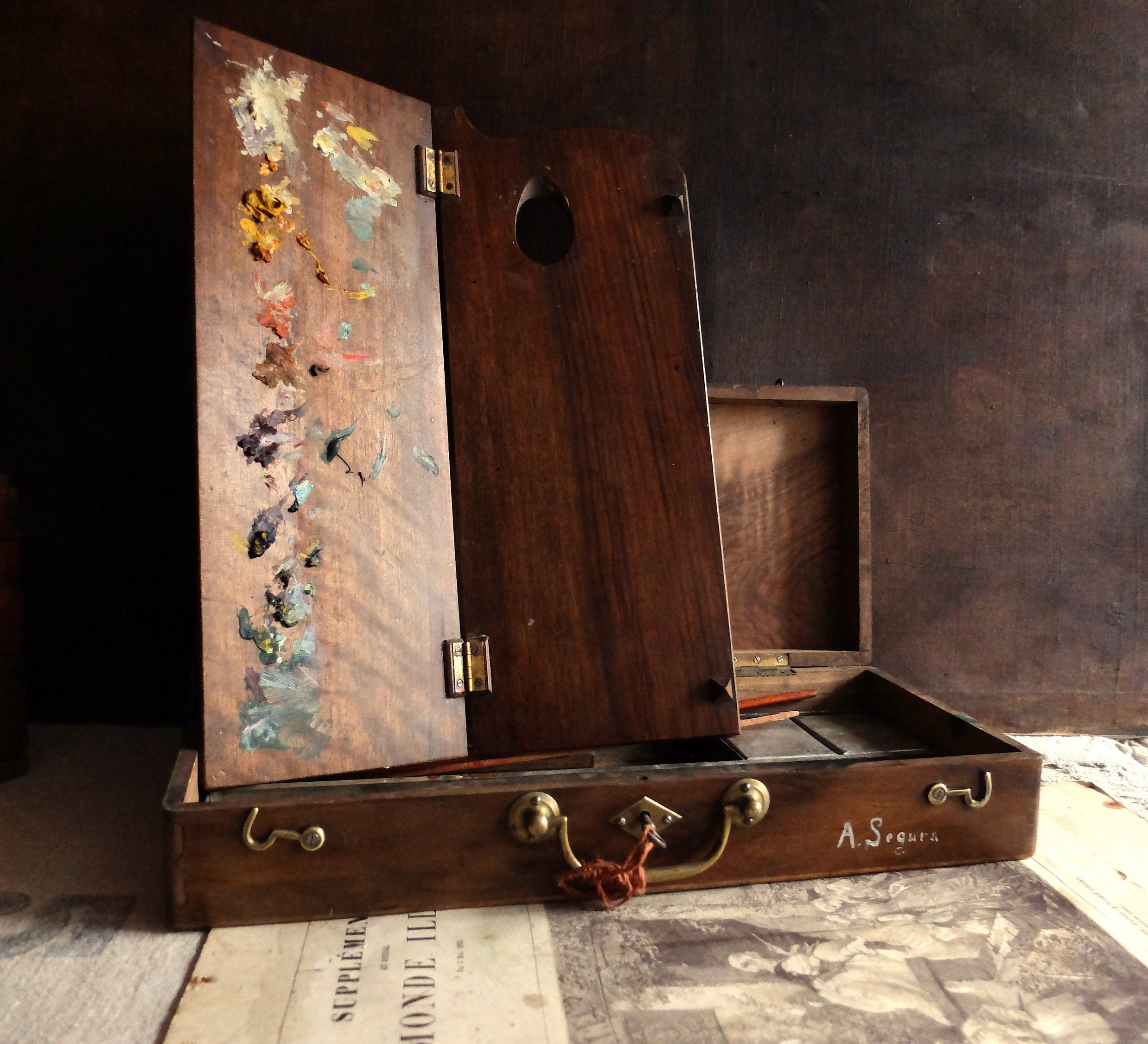Wooden Vintage Painters Box/ French Box With Brushes / Antique Artist