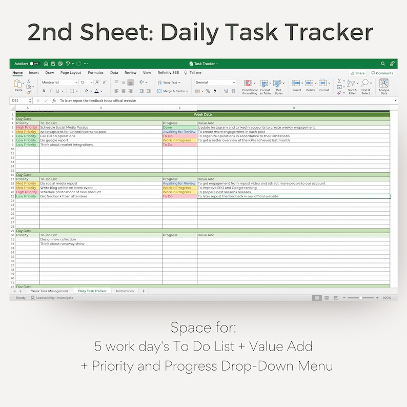 Excel Task Tracker and Planner, To-do List, Corporate and Personal Task ...