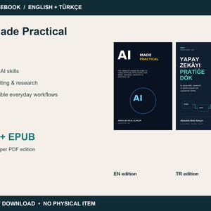 Op de afbeelding: Een digitaal e-boek getiteld AI Made Practical, beschikbaar in het Engels en Turks. Het product bevat PDF- en EPUB-formaten, met 44 pagina's per PDF-editie. De omslag heeft donkerblauwe achtergronden met witte en groenblauwe tekst en afbeeldingen.