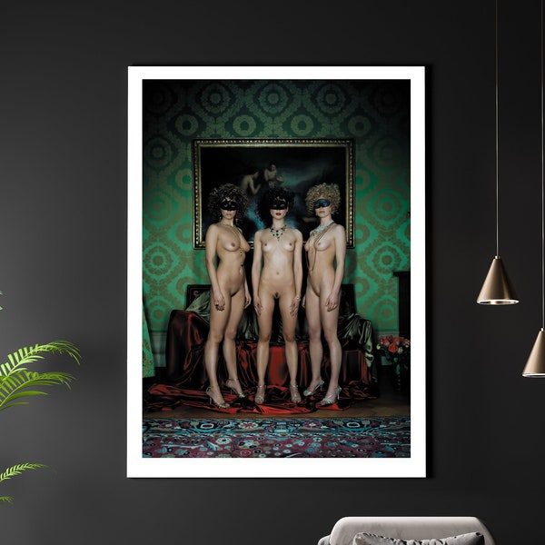Three Masked Swingers Erotic A3 A4 Matte Art Print. 3 Beautiful Fetish Girls In Swinging Masks Ready To Party. Boobs. Butts. Voyeur. Muff