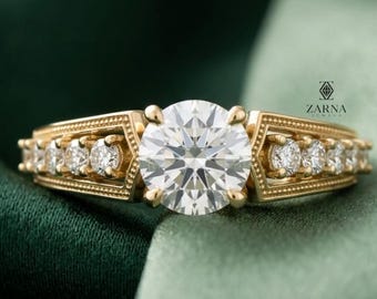Round Lab Grown Solitaire Diamond Engagement Ring / Antique Milgrain Art Deco Bridal Gold Ring For Her