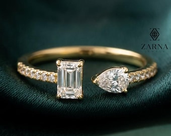 Lab Grown Emerald & Pear Diamond Open Bypass Ring / Stackable Two Stone Diamond Ring Gift for Her