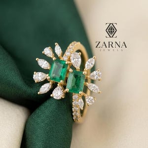 Bague ouverte florale émeraude cultivée en laboratoire et diamants marquise / Bague cocktail originale inspirée de la nature, cadeau pour elle