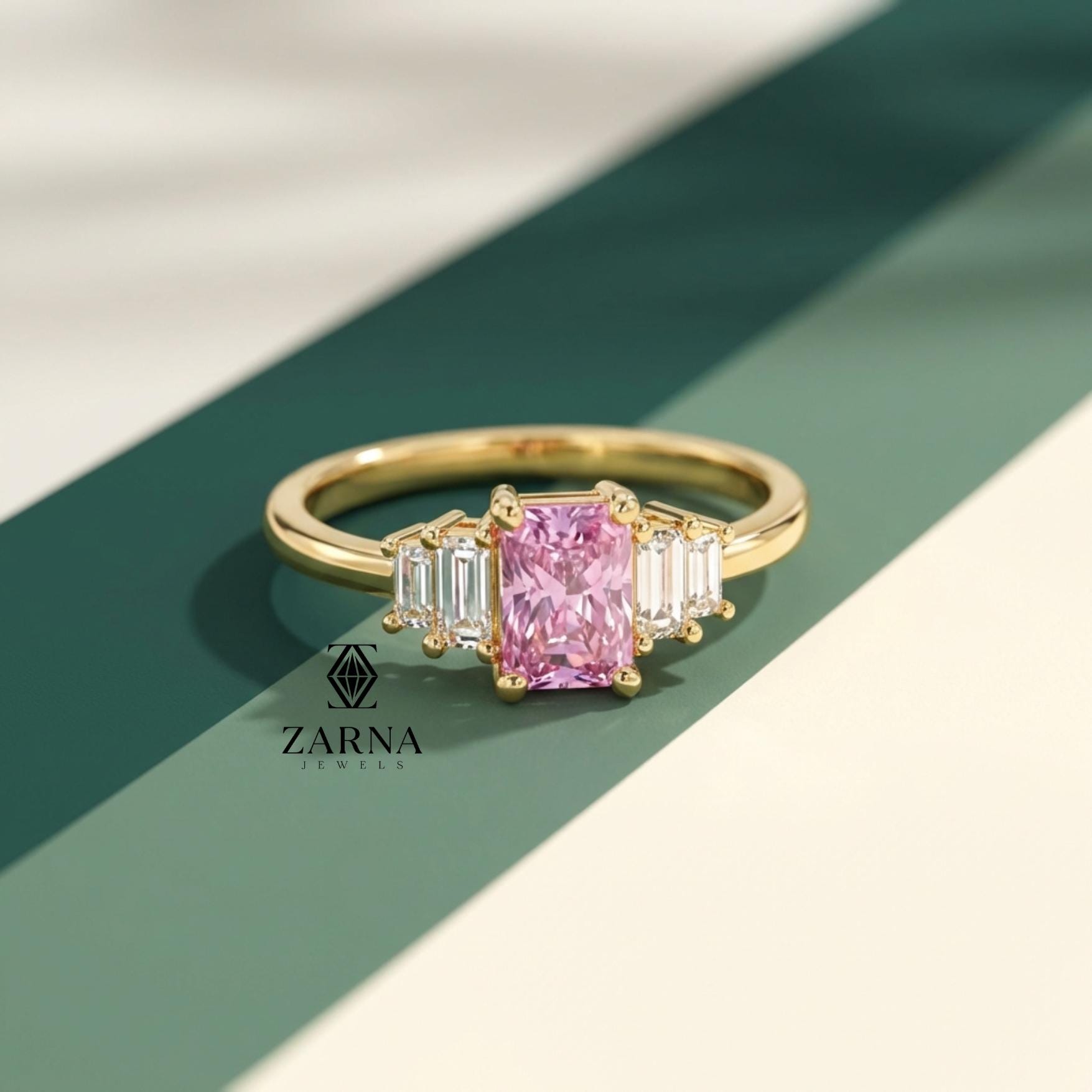 Pink Radiant Cut Diamond Ring With Baguettes | Three Stone Bridal