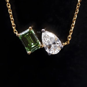 14K Solid Gold Emerald Lab Grown Diamond Toi Et Moi Pendant Pear & Emerald Cut Two Stone Pendant Necklace Unique Couple Necklace for women