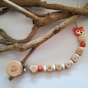 Nipple attachment personalized pacifier / first name / toy baby birth gift , fox model