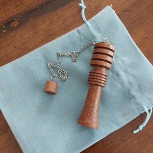 Djed or zed pendulum for radiesthesia hand made in mahogany wood with steel chain or with cotton cord and mahogany pin