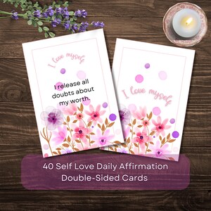 40 tarjetas de doble cara con afirmaciones de "Ámate a ti mismo", afirmaciones positivas, atención plena diaria, pensamientos positivos con temática floral, manifestación, digital.