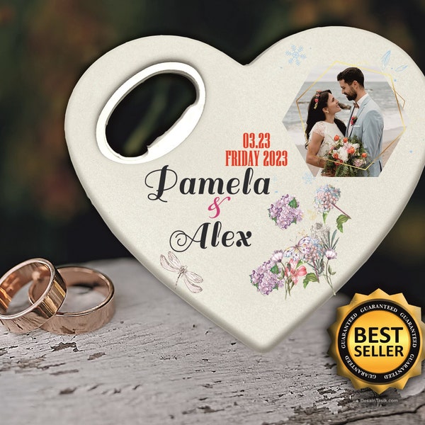 Bottle opener wedding favors for guests in bulk, heart shape wedding magnet, thank you gift Pictures Personalized