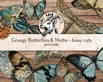Grungy Butterflies and Moths fussy cuts. Ephemera for junk journals. Digital Download. GoatRoad Crafts