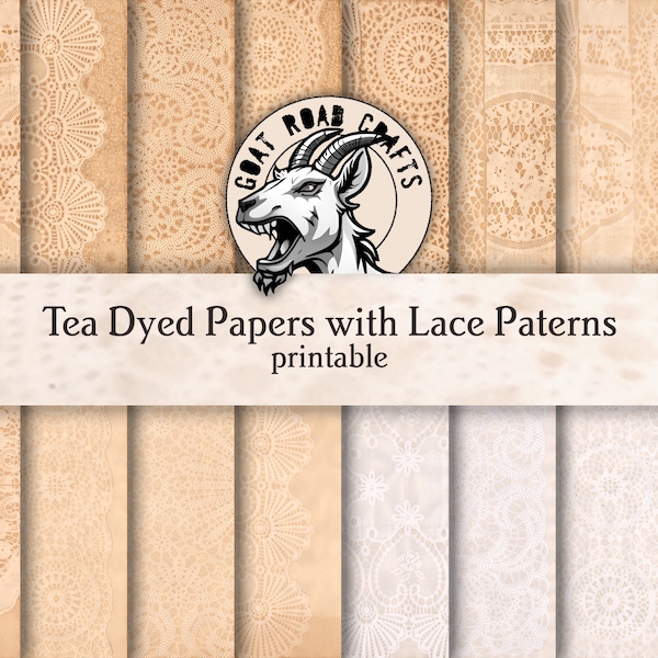 Tea Dyed Papers with Lace Patterns. Printable paper collection for junk journals. Digital Download. GoatRoad Crafts